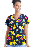 Happy Scrubs Easter Morning Navy Women's 4-Pocket Rounded V-Neck Print Scrub Top