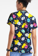 Happy Scrubs Easter Morning Navy Women's 4-Pocket Rounded V-Neck Print Scrub Top