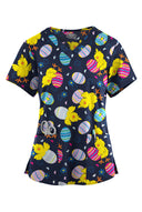 Happy Scrubs Easter Morning Navy Women's 4-Pocket Rounded V-Neck Print Scrub Top